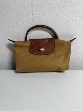 Longchamp Mini Le Pliage Sand Yellow Brown Top Handle Bag + Strap